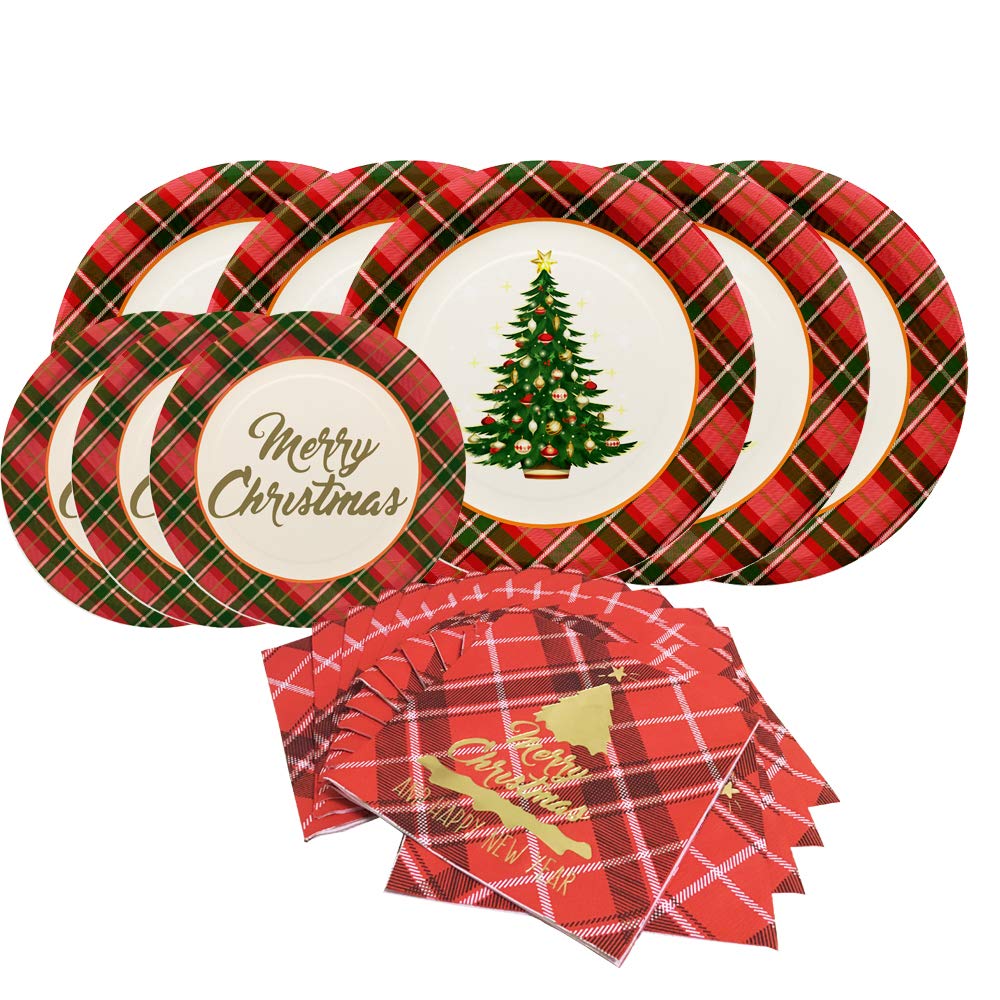 Gatherfun Christmas Party Supplies Set - 50 Disposable Red Plaid Paper Dinner Plates, Dessert Plates & Napkins for Holiday Celebrations | Perfect for Christmas Dinner, Office Parties & Family Gatherings