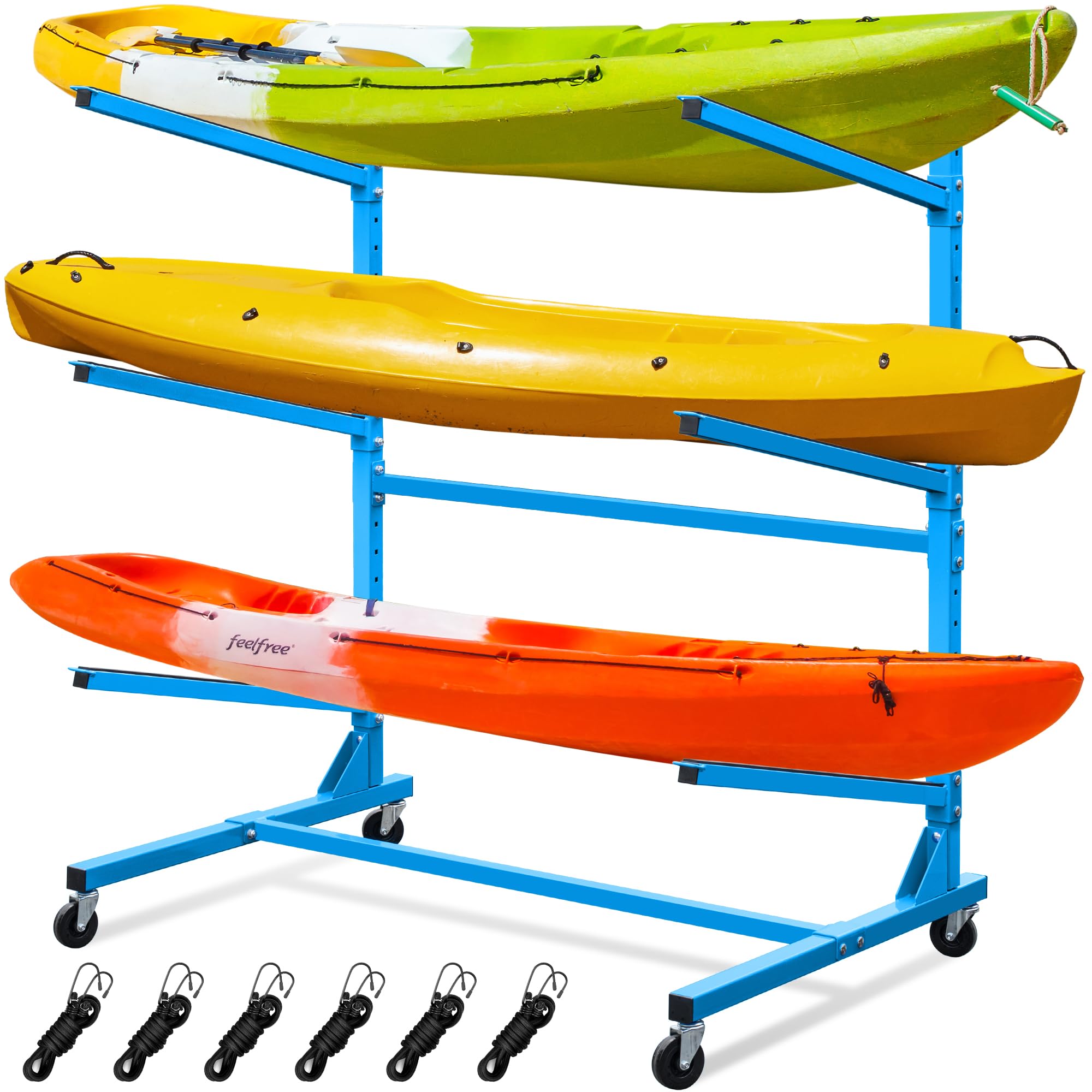Elemake Heavy Duty Kayak Storage Rack with Wheels - Adjustable Freestanding Water Sports Rack for SUP, Paddleboard, Surfboard - Indoor/Outdoor Weatherproof Holder for Garage, Backyard, Dock Storage