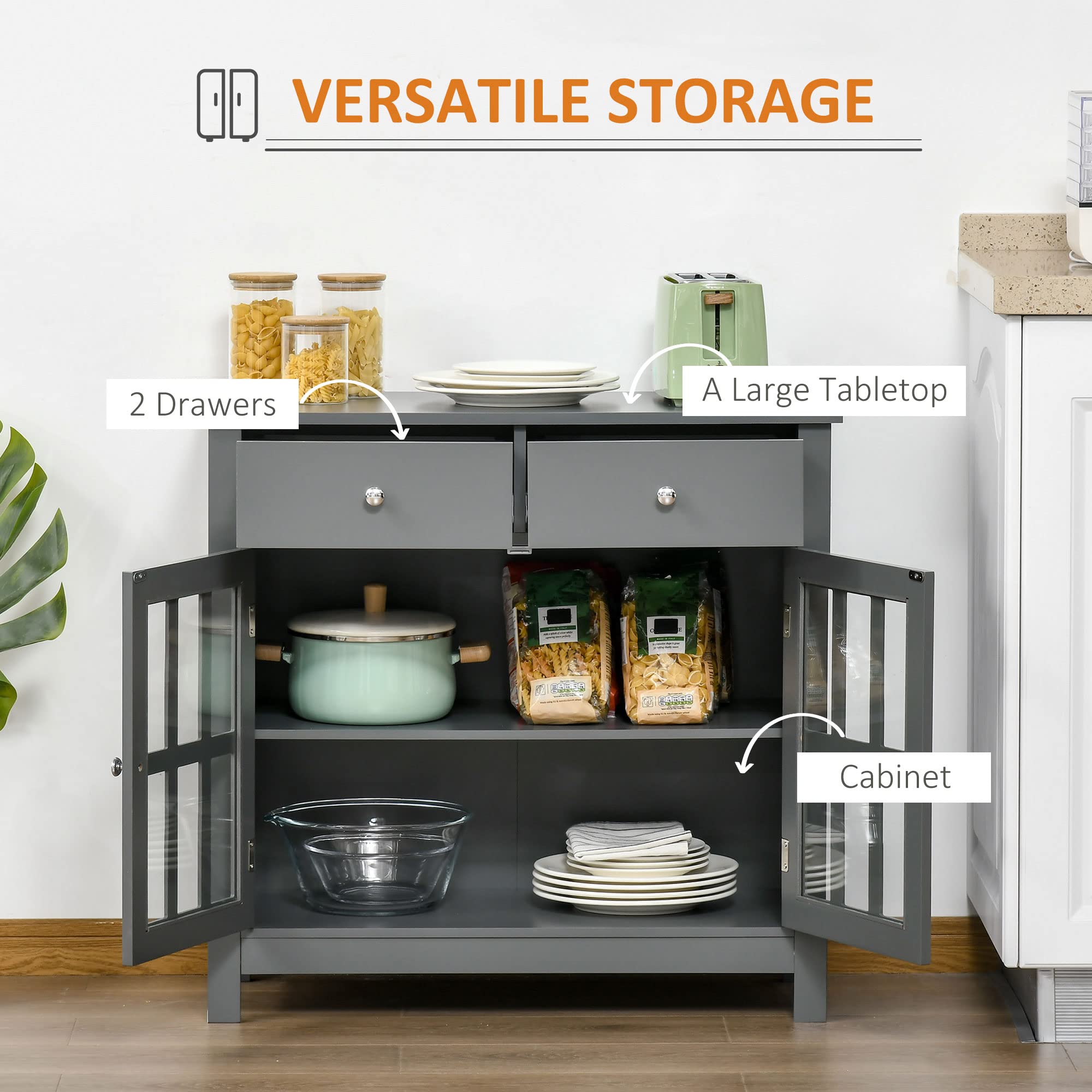 HOMCOM Sideboard Buffet Cabinet with Glass Doors - Kitchen Storage Cabinet with Adjustable Shelf & 2 Drawers - Gray Accent Furniture for Dining Room, Living Room, or Kitchen Organization