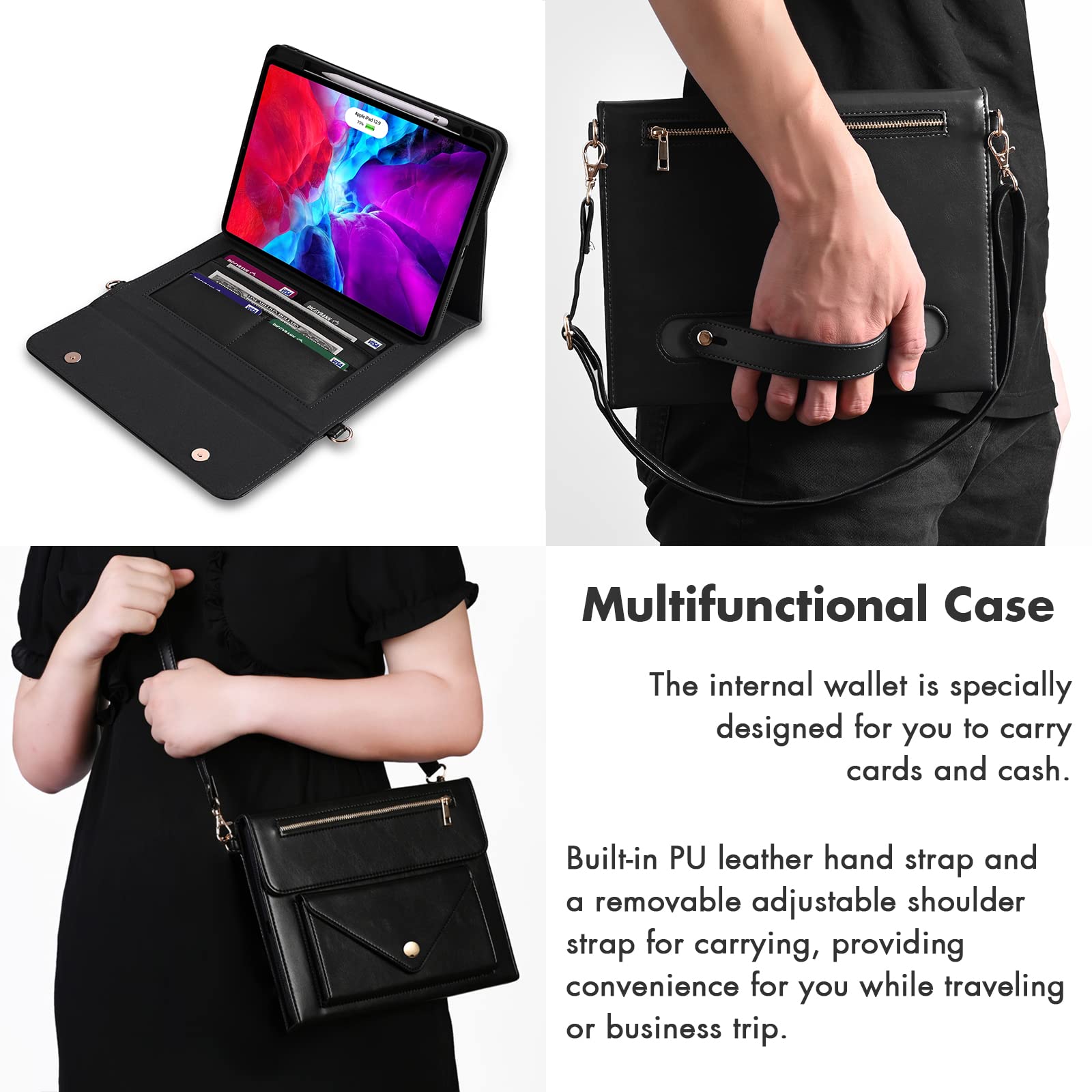 Dteck Premium PU Leather iPad Pro 11 Inch Case (1st-4th Gen) & iPad Air 11 Inch Case (4th-5th Gen) - Flip Stand Cover with Pencil Holder, Zipper Pocket & Strap - Protective Wallet Case in Black | Perfect for Business, Travel & Daily Use