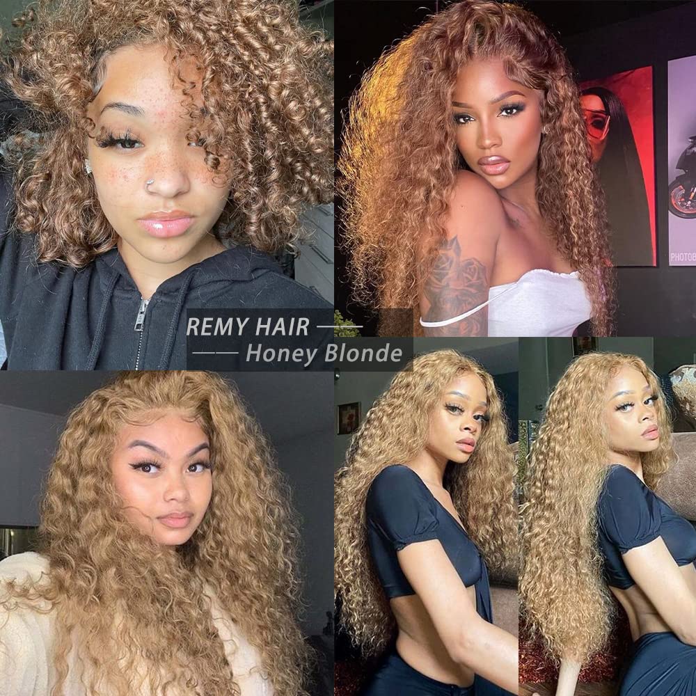 100% Virgin Brazilian Human Hair Bundles - Remy Honey Blonde Curly Wave Kinky Hair Extensions (Color #27, 3 Bundles 10/12/14 Inches) | Unprocessed Natural Hair for Weaving, Wigs & Protective Styles | Perfect for Daily Wear, Special Occasions & Salon Styling