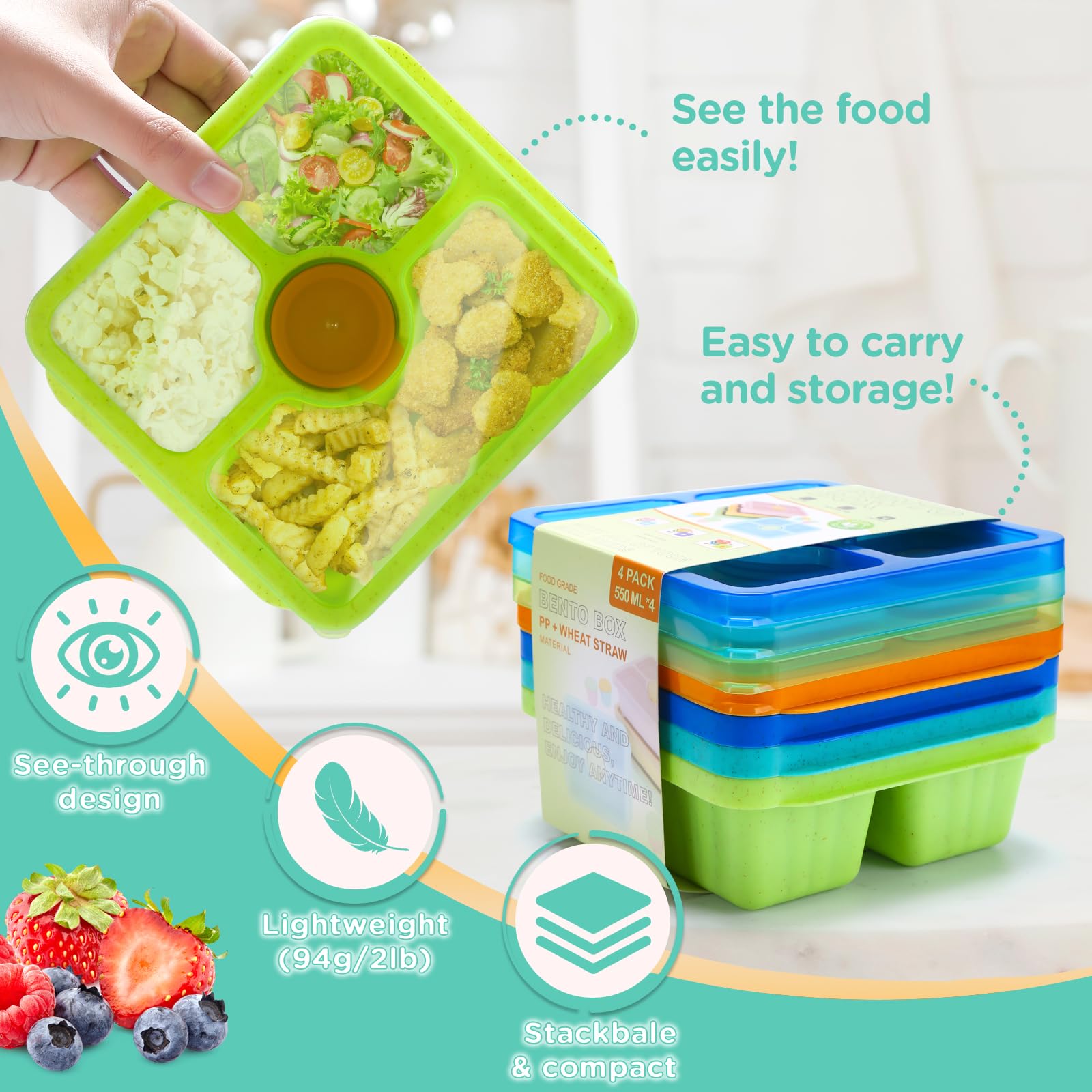 QQKO 4-Pack Bento Box for Adults & Kids - Reusable Divided Lunch Containers with Lids & Sauce Cups - Stackable Meal Prep Food Storage Containers - Perfect for School, Office, Picnics & Travel
