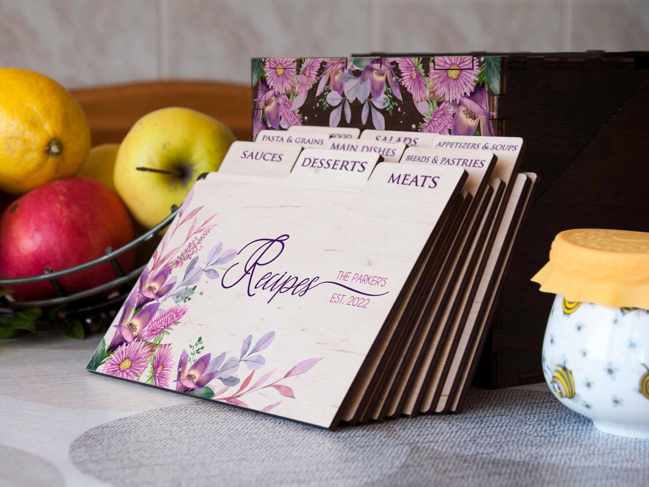 Personalized Wooden Recipe Box with Dividers & Recipe Cards - Floral Design Recipe Organizer - Anniversary Gift for Wife, Bridal Shower Gift for Daughter - Perfect for Kitchen Organization & Family Recipe Storage