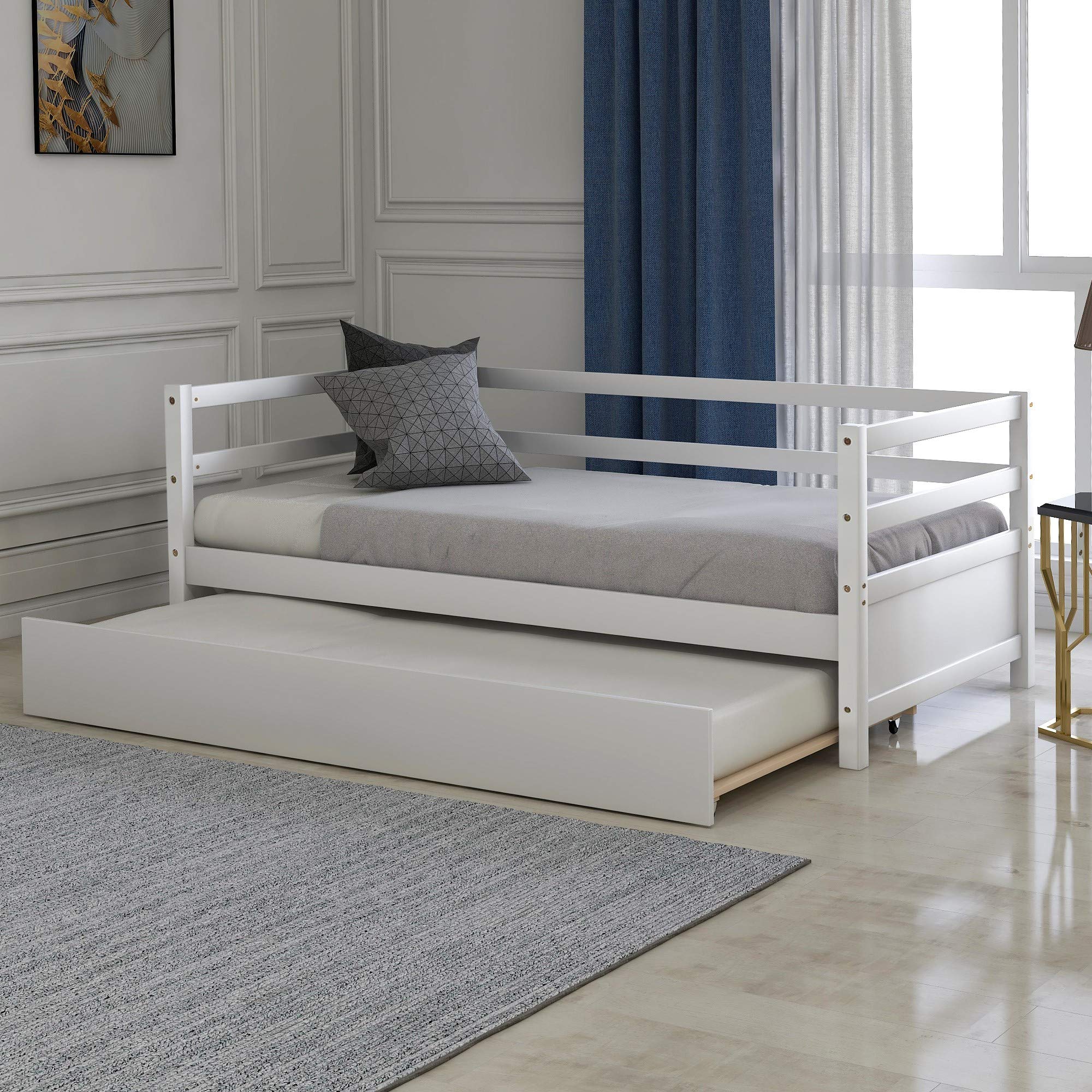 Solid Wood Twin Size Daybed with Trundle - White Captains Bed Frame for Kids, Teens & Adults | Perfect for Guest Rooms, Dormitories & Small Spaces