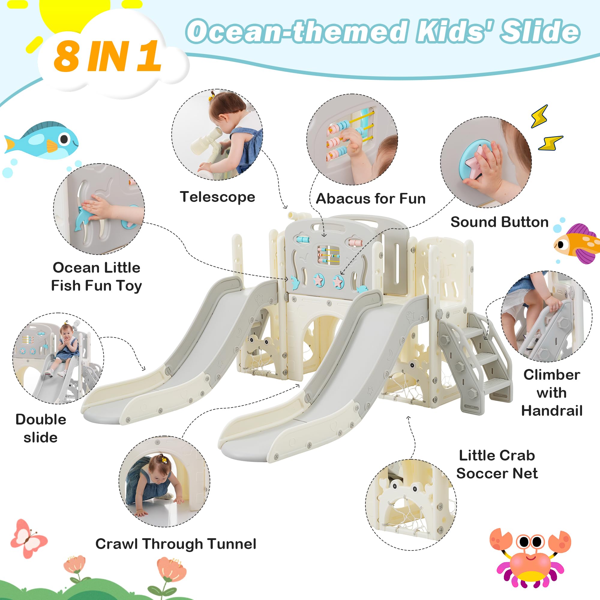 8-in-1 Toddler Double Slide Playset with Football Net & Telescope - Indoor/Outdoor Baby Slide for Kids Ages 1-5 Years - Perfect for Backyards, Playrooms & Daycare Centers