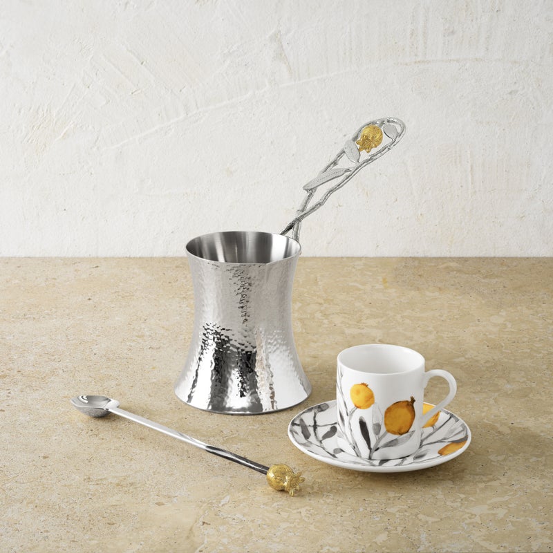 Elegant Pomegranate Silver & Gold Coffee Pot with Spoon - Perfect for Home Brewing, Gifts, and Tea Parties