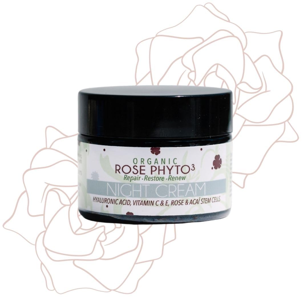 Organic Rose Phyto³ Night Cream with Hyaluronic Acid - Anti-Aging Face Moisturizer for Women - Wrinkle Cream with Rose Water, Vitamin C & E, and Acaí Stem Cells (2 fl. Oz) | Hydrating Night Treatment for Dry Skin, Perfect for Evening Skincare Routine & Anti-Wrinkle Care