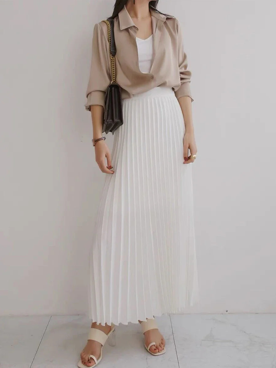 Brand Designer Women's High Waist Pleated Skirt - Elegant Solid Color A-Line Skirt with Elastic Waistband for Spring & Autumn | Office Wear, Party Outfits, Casual Chic Fashion