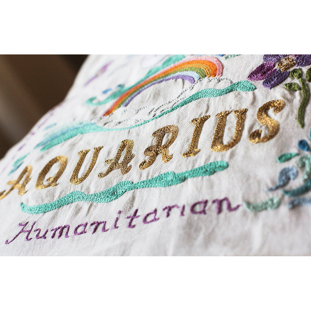 Cat Studio Aquarius Zodiac Sign Hand Embroidered Decorative Throw Pillow - Perfect for Home Decor, Astrology Gifts & Boho Bedroom Accents