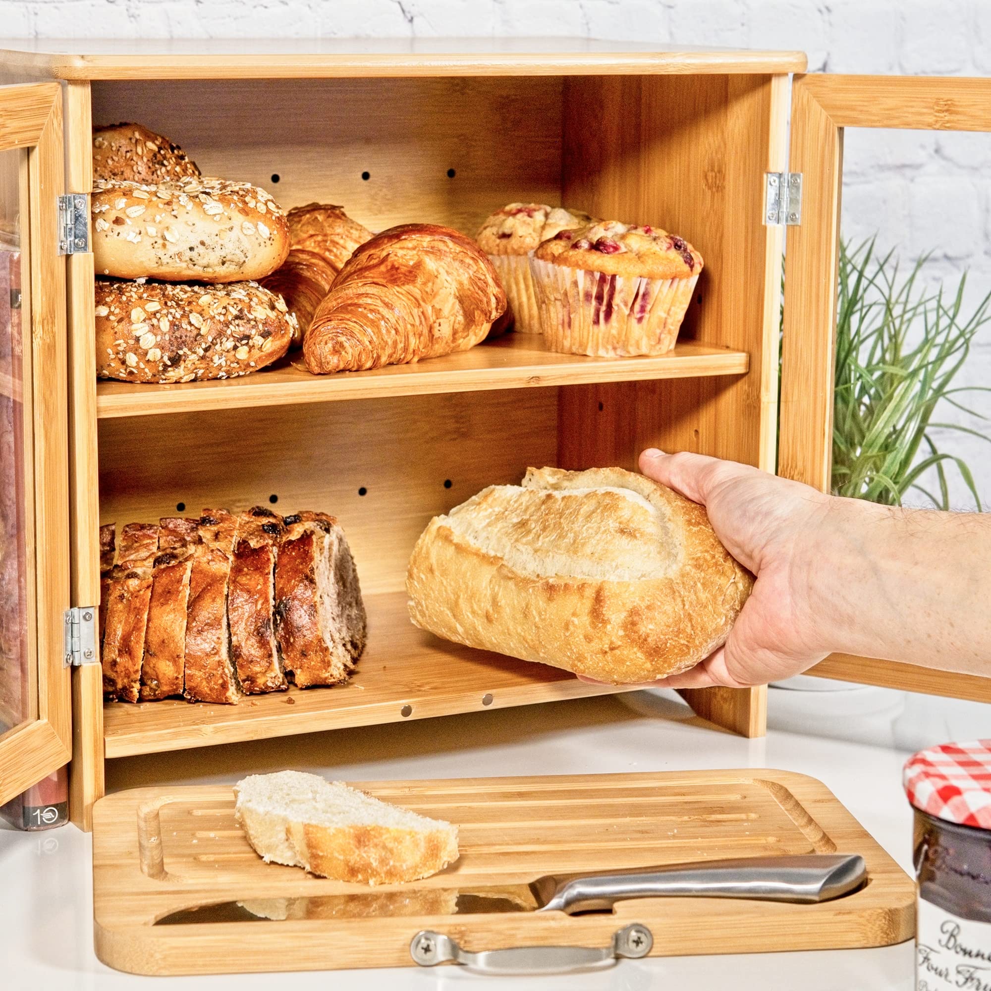 Rustic Large Wooden Bread Box for Kitchen Countertop with Thick Bamboo Cutting Board & Stainless Steel Bread Knife - Adjustable Shelf, Easy Self-Assembly | Perfect for Bread Storage, Baking Essentials, and Farmhouse Style Kitchen Decor