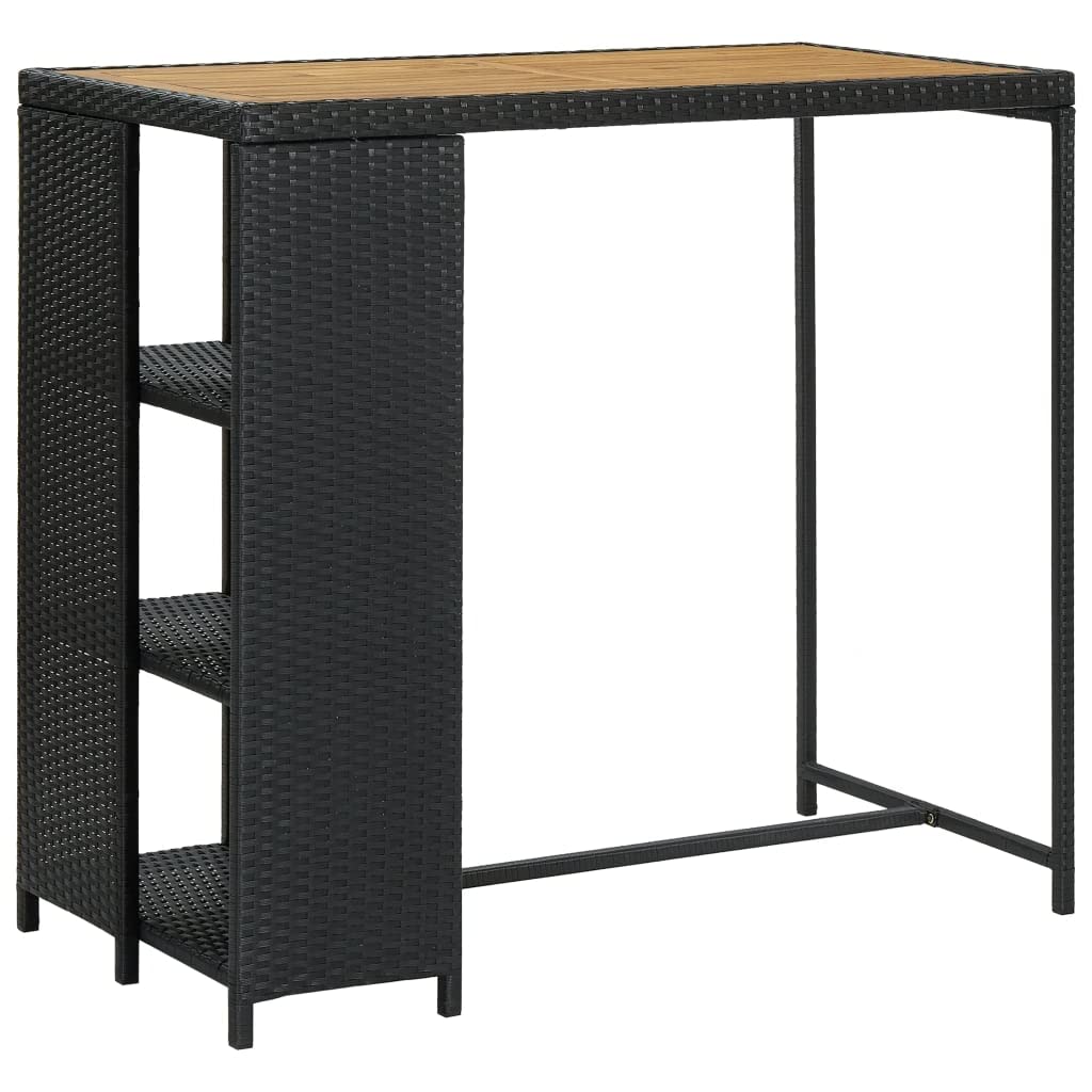 Modern Bar Table with Storage Shelf - PE Woven Rattan & Steel Frame - Acacia Wood Countertop - Perfect for Home Bar, Patio, Restaurant & Pub - Black - 47.2