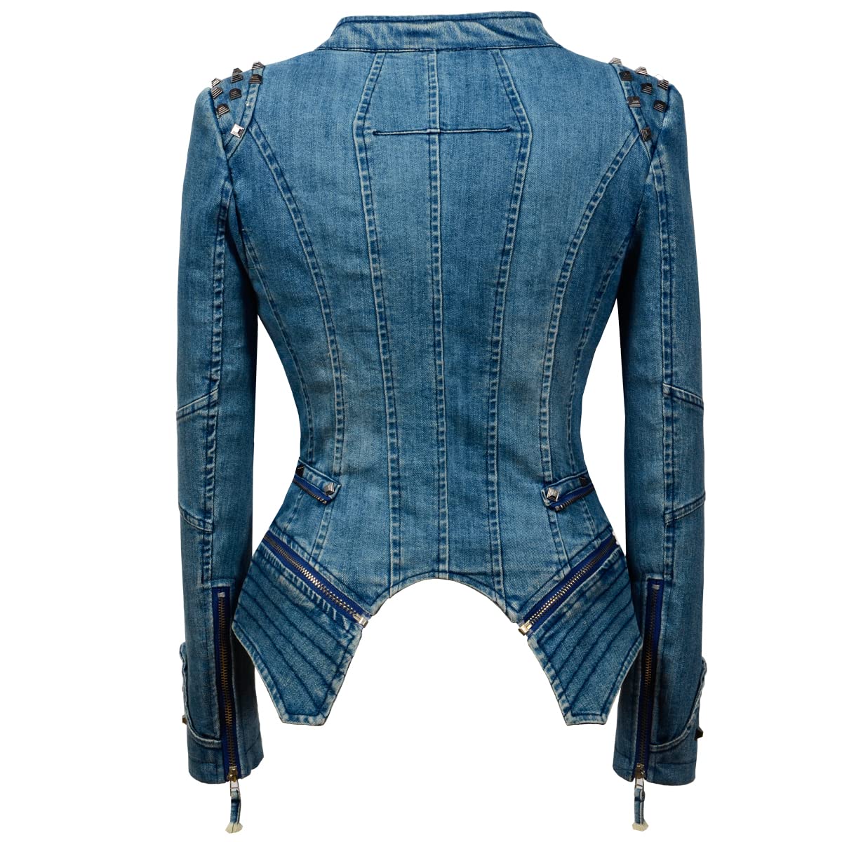 Women's Classic Denim Jacket with Studded Punk Details - Motorcycle Style Dovetail Design (Size S, Blue) | Perfect for Biker Outfits, Rock Concerts & Edgy Streetwear Looks