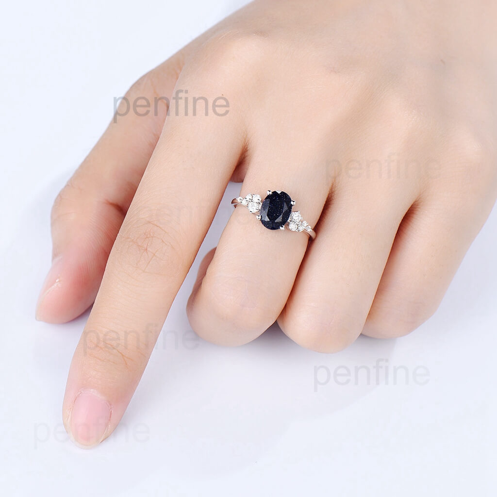 Oval Blue Sandstone Cluster Galaxy Engagement Ring YS301 - Elegant Wedding Band for Women, Unique Promise Ring for Her - Perfect for Proposals, Anniversaries & Special Occasions