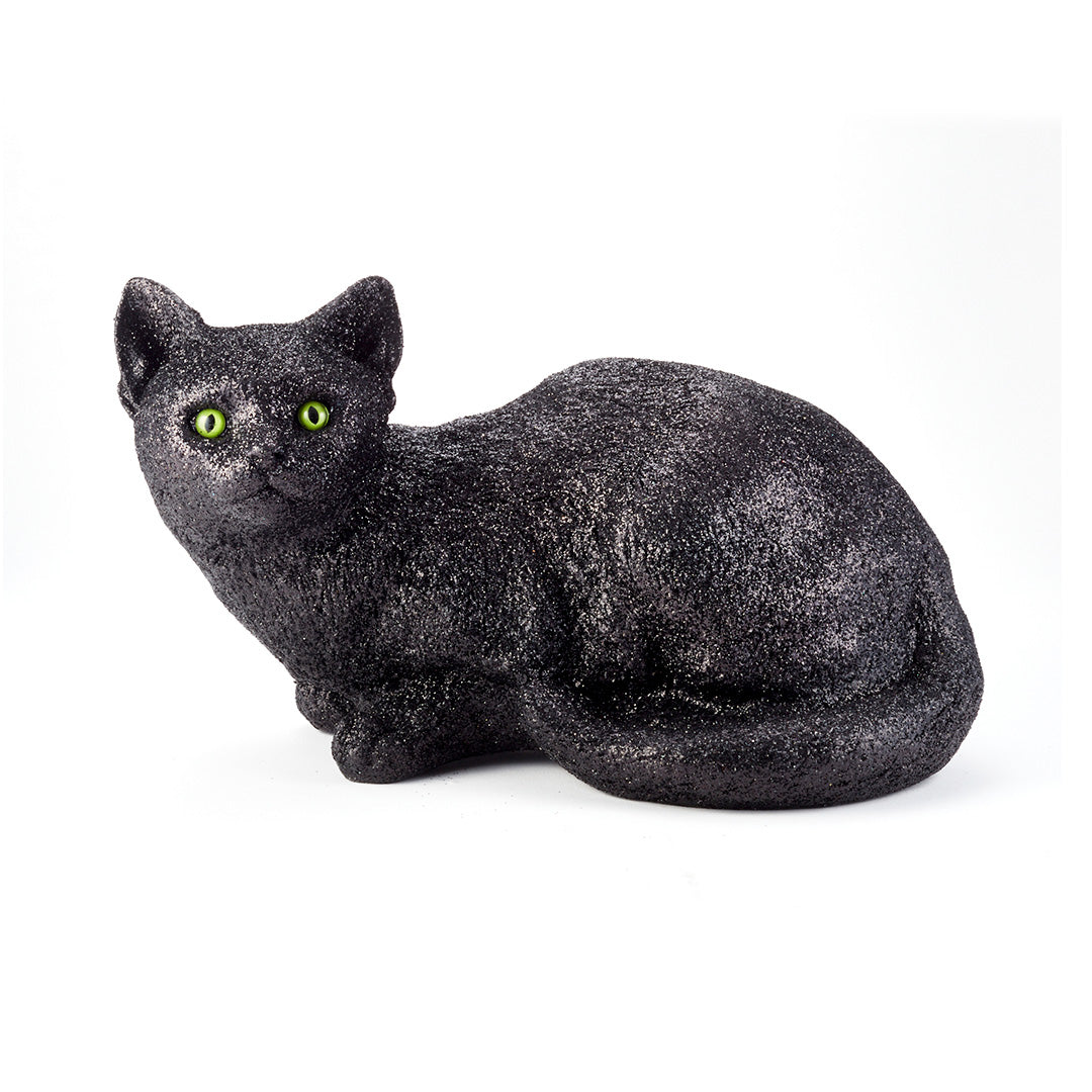 Black Glitter Crouching Cat Statue - Elegant Home Decor for Halloween, Christmas & Gothic Theme Parties - Perfect for Tabletop, Shelf & Mantel Displays
