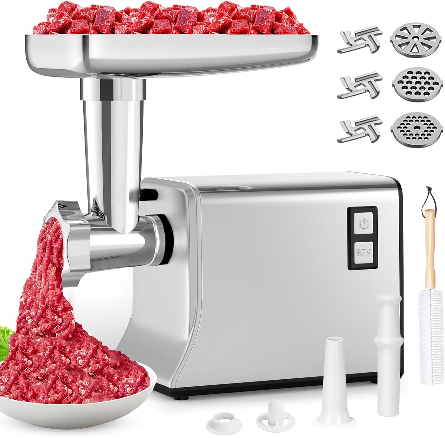3500W Electric Meat Grinder - Heavy Duty Commercial Grade with 6 Stainless Steel Blades & Grinding Plates, Sausage Stuffer & Kubbe Kit - Perfect for Home Kitchen, Butcher Shop & Restaurant Food Prep (Silver)