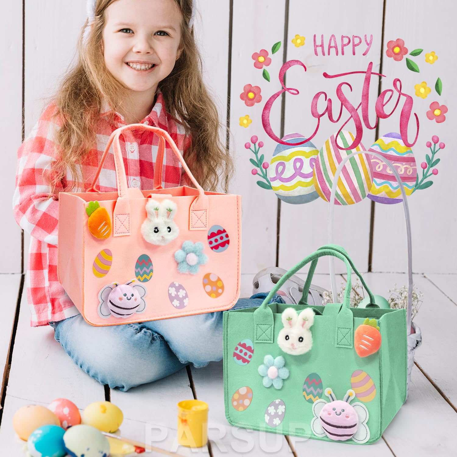 PARSUP 2PCS Easter Egg Hunt Bags with Handles - Happy Easter Bunny Gift Bags for Treats, Felt Easter Party Supplies for Egg Hunt Games & Gift Wrapping, 12