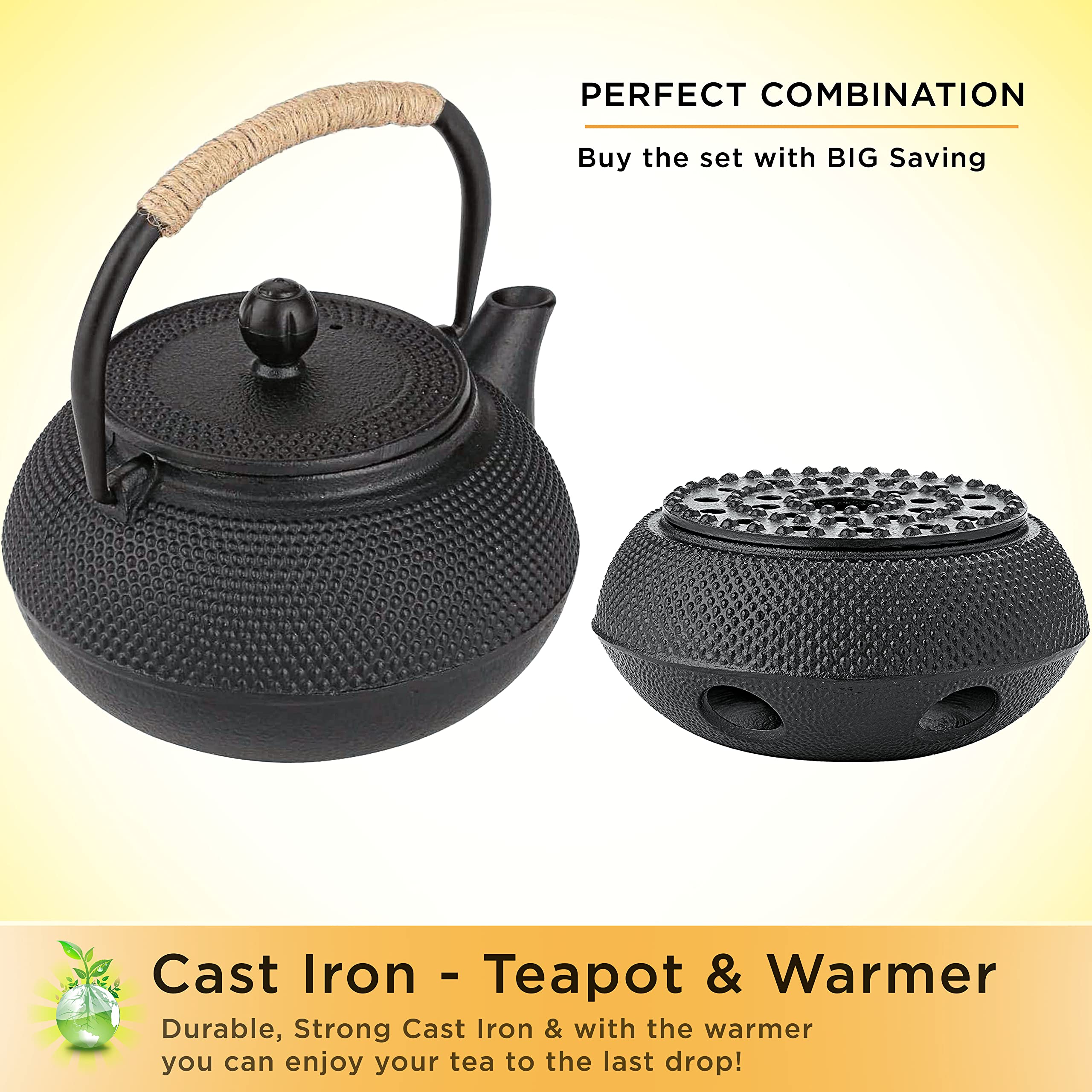 Premium Oztara 40oz/1200ml Japanese Cast Iron Teapot Set with Stainless Steel Infuser & Tea Warmer - Enamel Coated Interior, Large Black Iron Kettle for Loose Leaf Tea - Perfect for Home, Office, Tea Ceremonies & Gifts