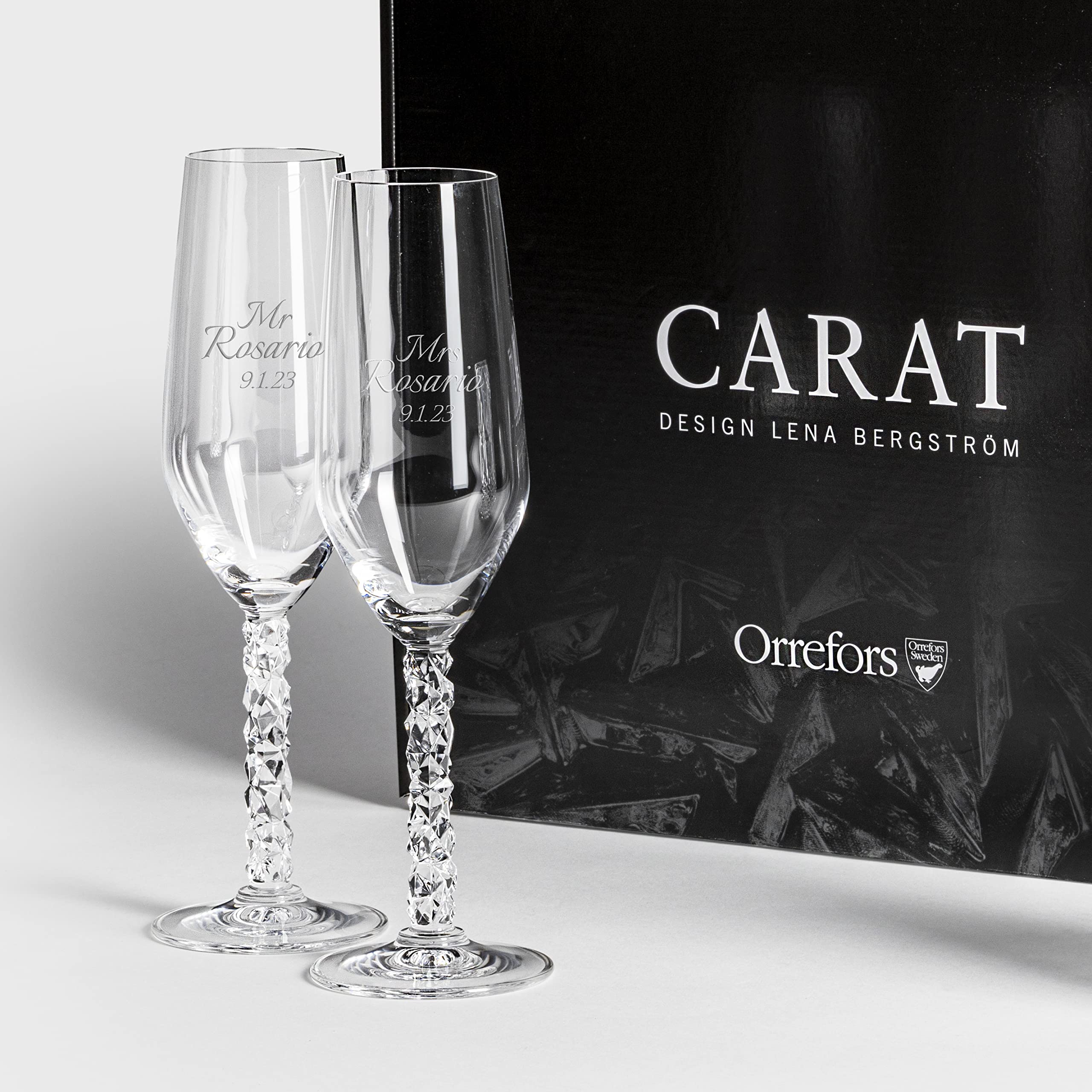 Orrefors Personalized Carat Wedding Champagne Flutes Set of 2 - Custom Engraved Crystal Toasting Glasses for Bride & Groom - Elegant Wedding Gift & Anniversary Present - Perfect for Romantic Toasts & Special Celebrations