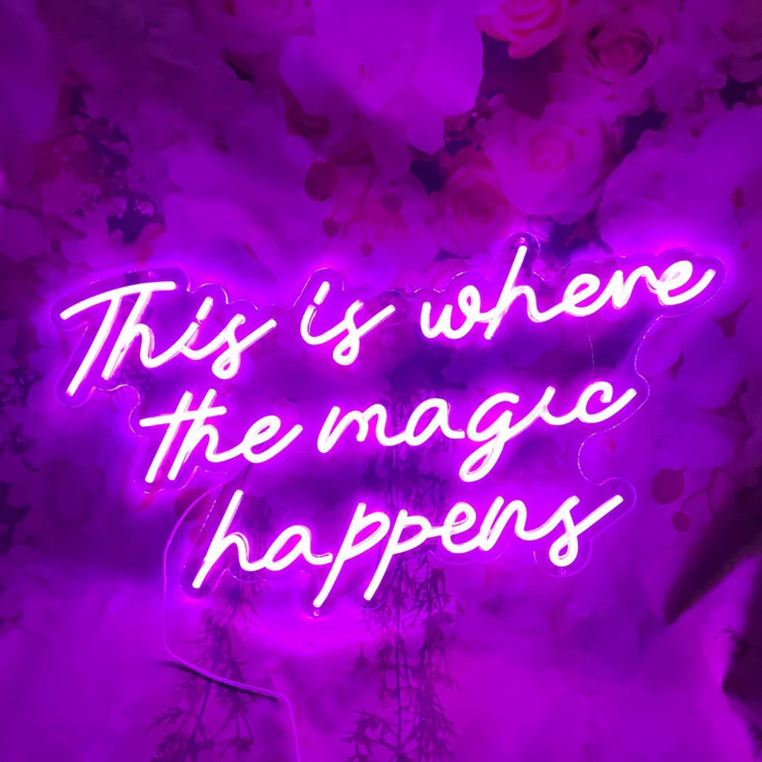 FARNEW LED Neon Light Sign - 'This is Where The Magic Happens' - Purple Wall Decor for Beer Bars, Clubs, Bedrooms, Offices, Hotels, Pubs, Cafes, Birthday, Wedding & Engagement Parties - Perfect for Home & Commercial Decorations