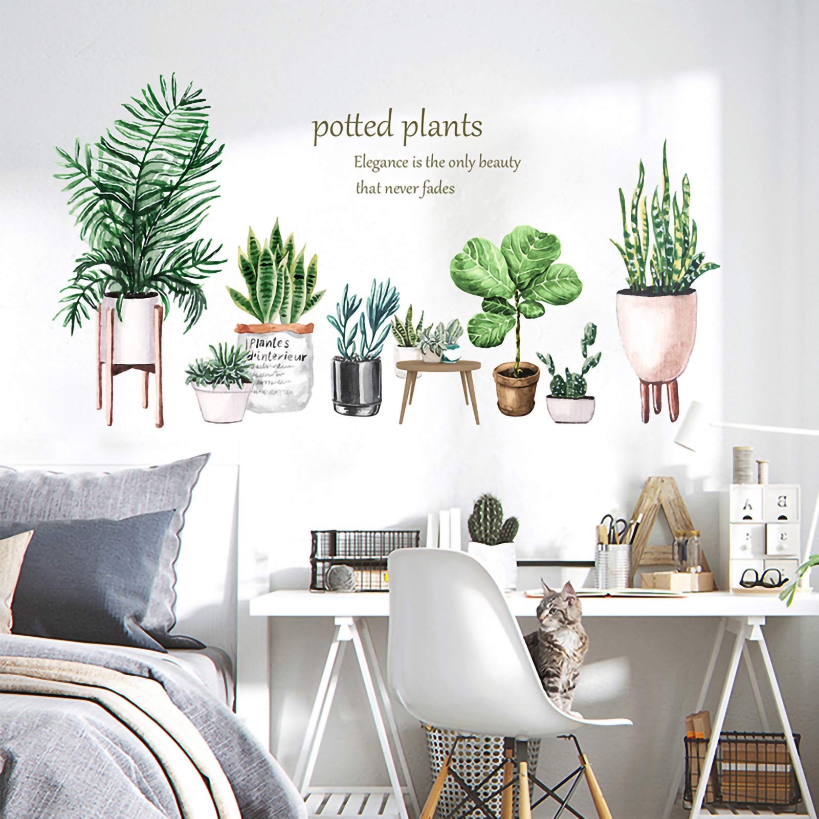Qingbay Tropical Leaf Sansevieria Bonsai Wall Decal - Green Potted Plant Wall Sticker for Home & Office Decor - Perfect for Living Rooms, Bedrooms, and Workspaces