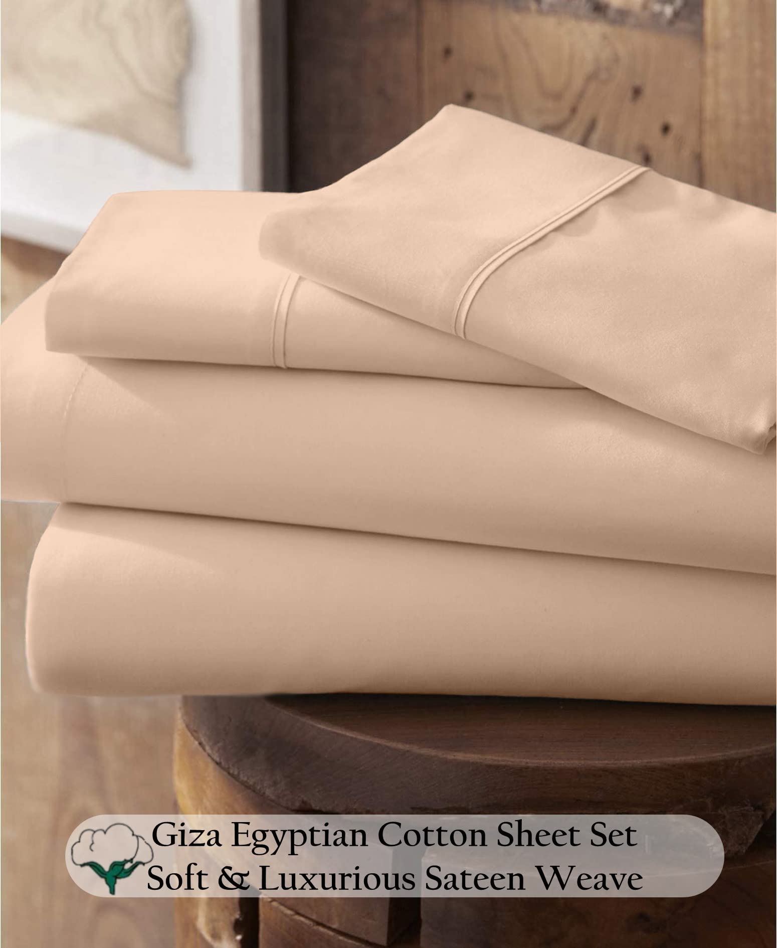 Premium 100% Certified Giza Cotton Sheet Set - Queen Size, Ultra Soft Sateen Weave, Breathable Egyptian Cotton Bedding for Deep Pockets (Up to 18