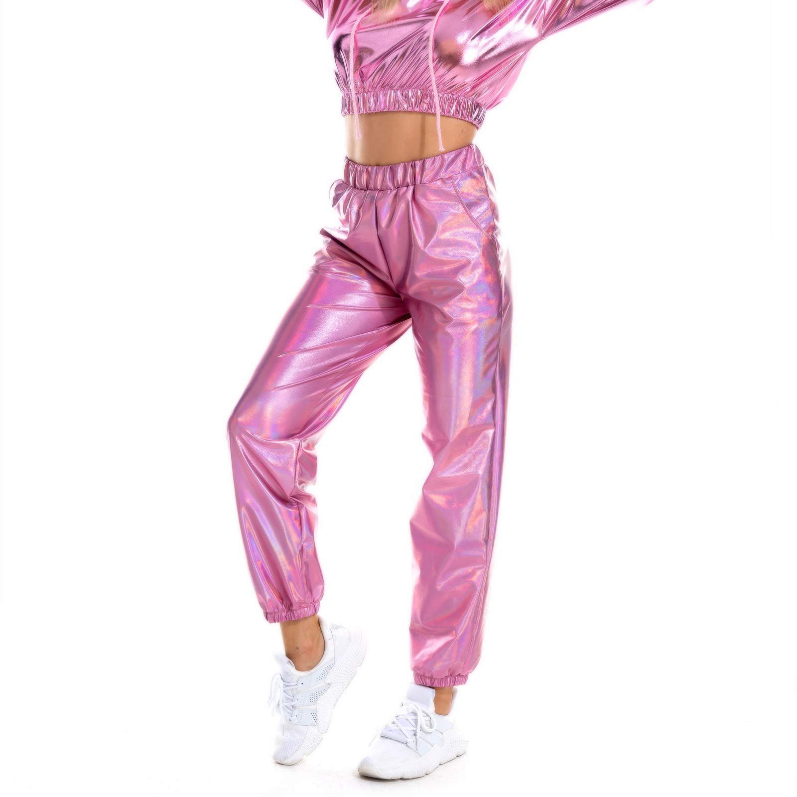 Littleice Women's High Waist Shiny Holographic Pants - Trendy Streetwear Clubwear for Women | Perfect for Night Out, Rave, Festival & Casual Wear