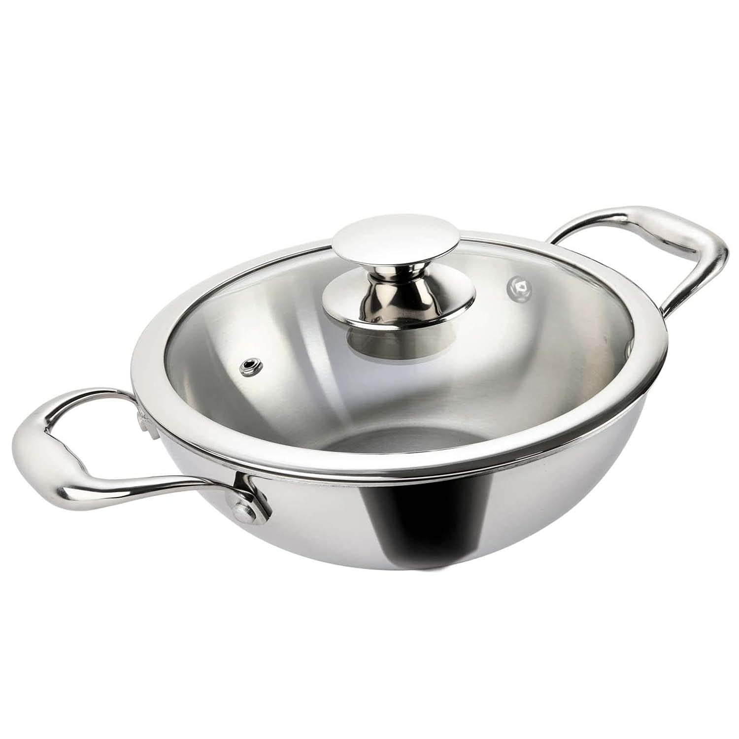 Premium Triply Stainless Steel Deep Kadhai Cookware with Glass Lid - 5L Heavy Duty Indian Wok Pan for Stir Frying, Deep Frying & Curry Making - Ideal for Home Cooking, Restaurant Use & Outdoor Camping