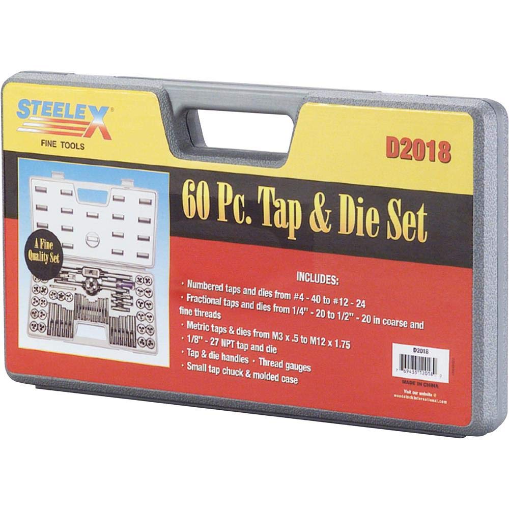 Steelex D2018 60-Piece High-Speed Steel Tap and Die Set for Thread Repair & Metalworking - Perfect for DIY, Automotive, and Plumbing Projects