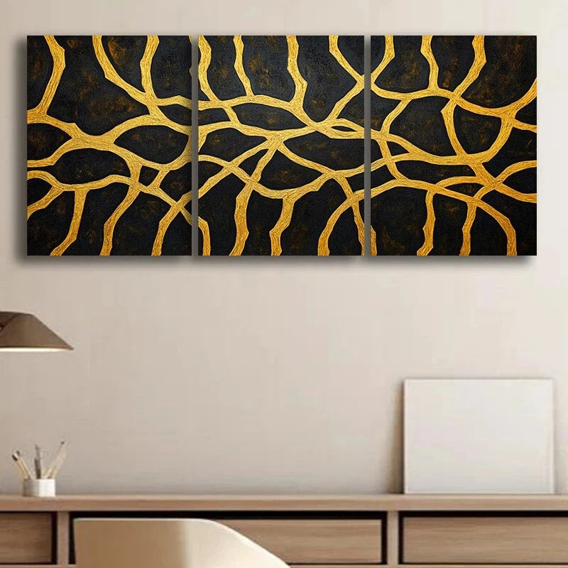 3-Piece Abstract Black & Gold Line Metal Wall Art - Ready to Hang Modern Home Decor for Living Room, Bedroom & Office