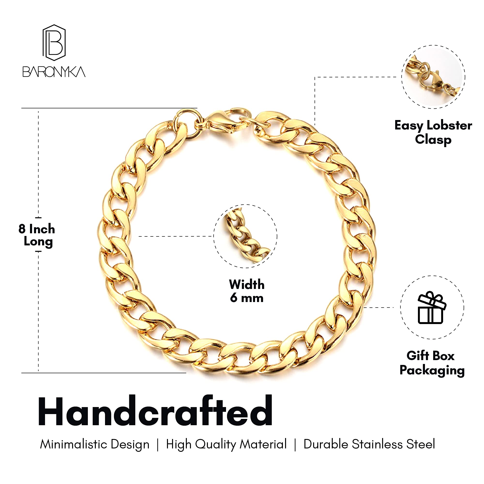 Baronyka Handmade Curb Chain Bracelet for Men - Stainless Steel Silver-Plated 8.25