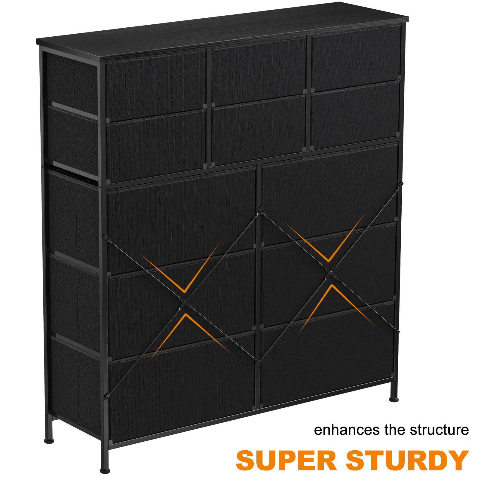 REAHOME 12-Drawer Dresser for Bedroom - Steel Frame & Wooden Top Large Capacity Storage Organizer - Black Grey - Perfect for Bedroom, Living Room, Entryway & Office Organization