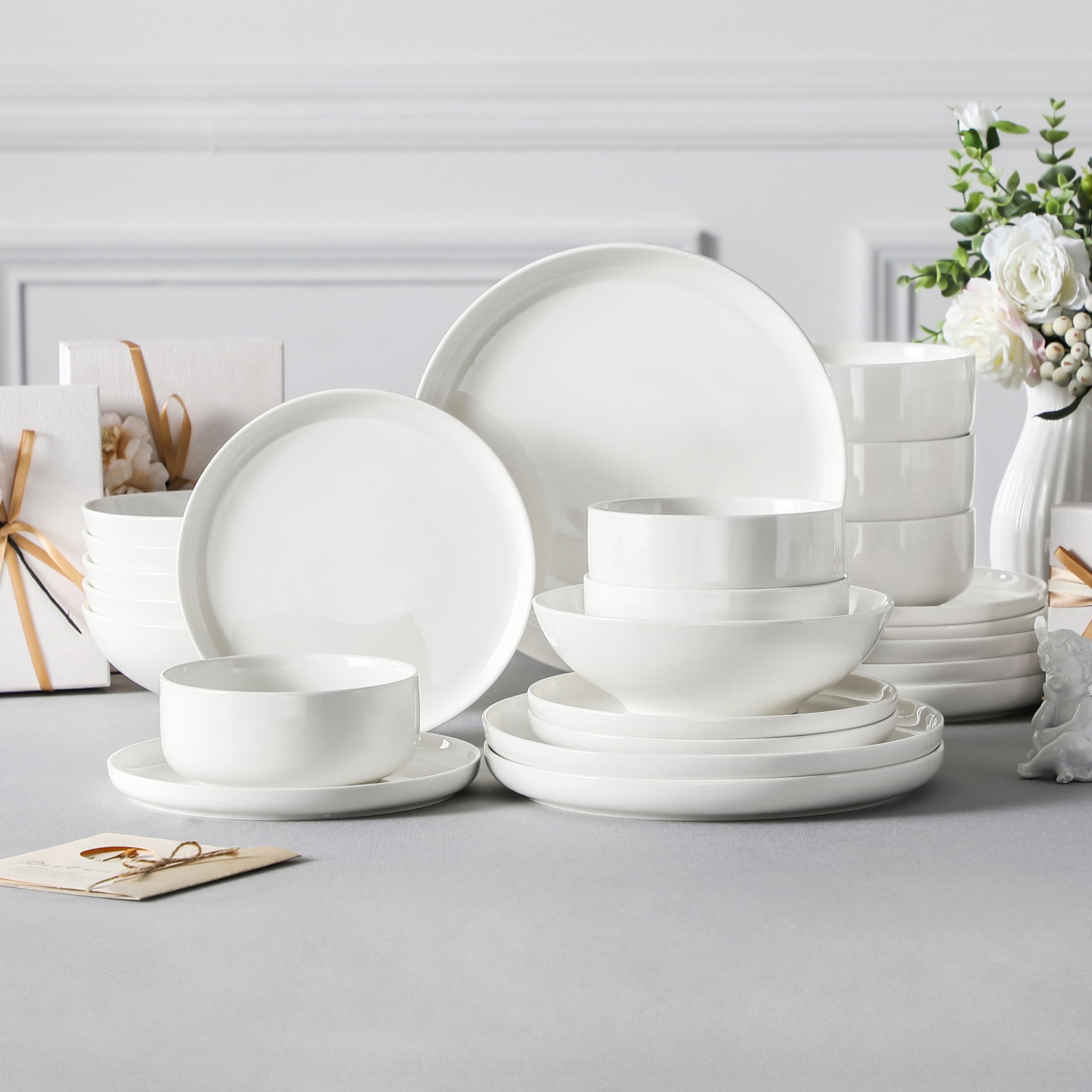 MALACASA 24-Piece Porcelain Dinnerware Set for 6 - Modern White Ceramic Plates & Bowls, Microwave & Dishwasher Safe - LUNA Series - Perfect for Family Dinners, Parties & Everyday Kitchen Use