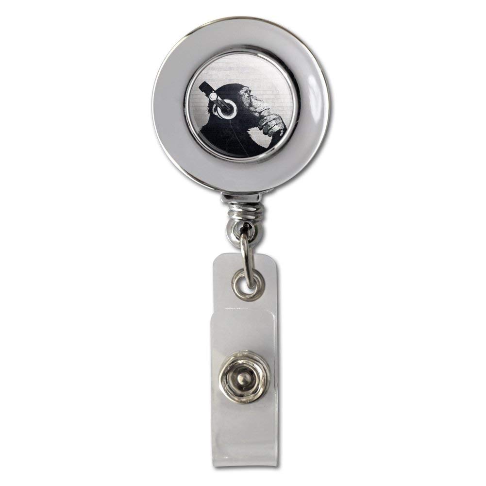 Retractable Badge Holder with Headphone & Monkey Design - Chrome ID Card Clip for Work, Security, and Office Use