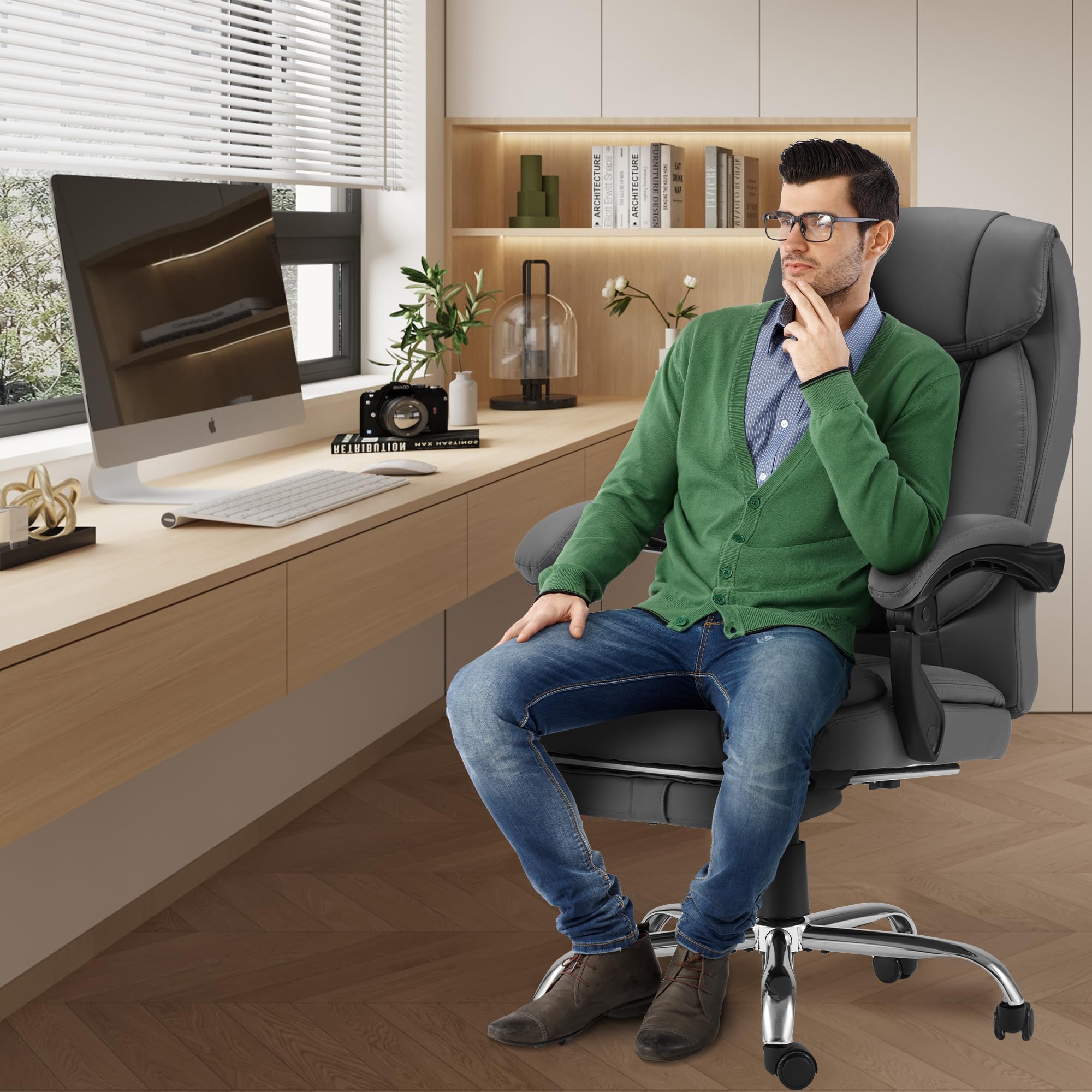 HOMREST Ergonomic Reclining Office Chair with 4-Point Massage & Heating - Adjustable Executive Chair with Retractable Footrest - Gray Home Computer Desk Chair for Work, Gaming & Relaxation - Perfect for Home Office, Study & Workspace Comfort