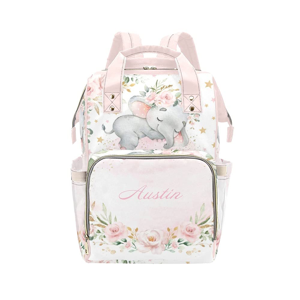 Personalized Blush Gold Elephant Floral Diaper Backpack - Large Capacity Custom Baby Bag with Name Text - Multi-Functional Unisex Travel Backpack for Mom, Dad, Boys & Girls - Perfect for Daycare, Travel & Family Outings