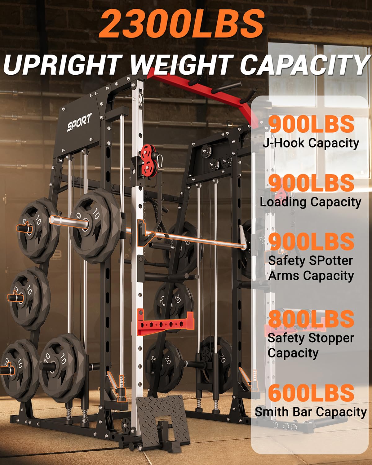 Smith Machine 2200LBS Power Cage Squat Rack with Smith Bar - Dual Cable Systems & Multiple Attachments for Home Gym Strength Training | Perfect for Weightlifting, Squats, Bench Press & Full-Body Workouts
