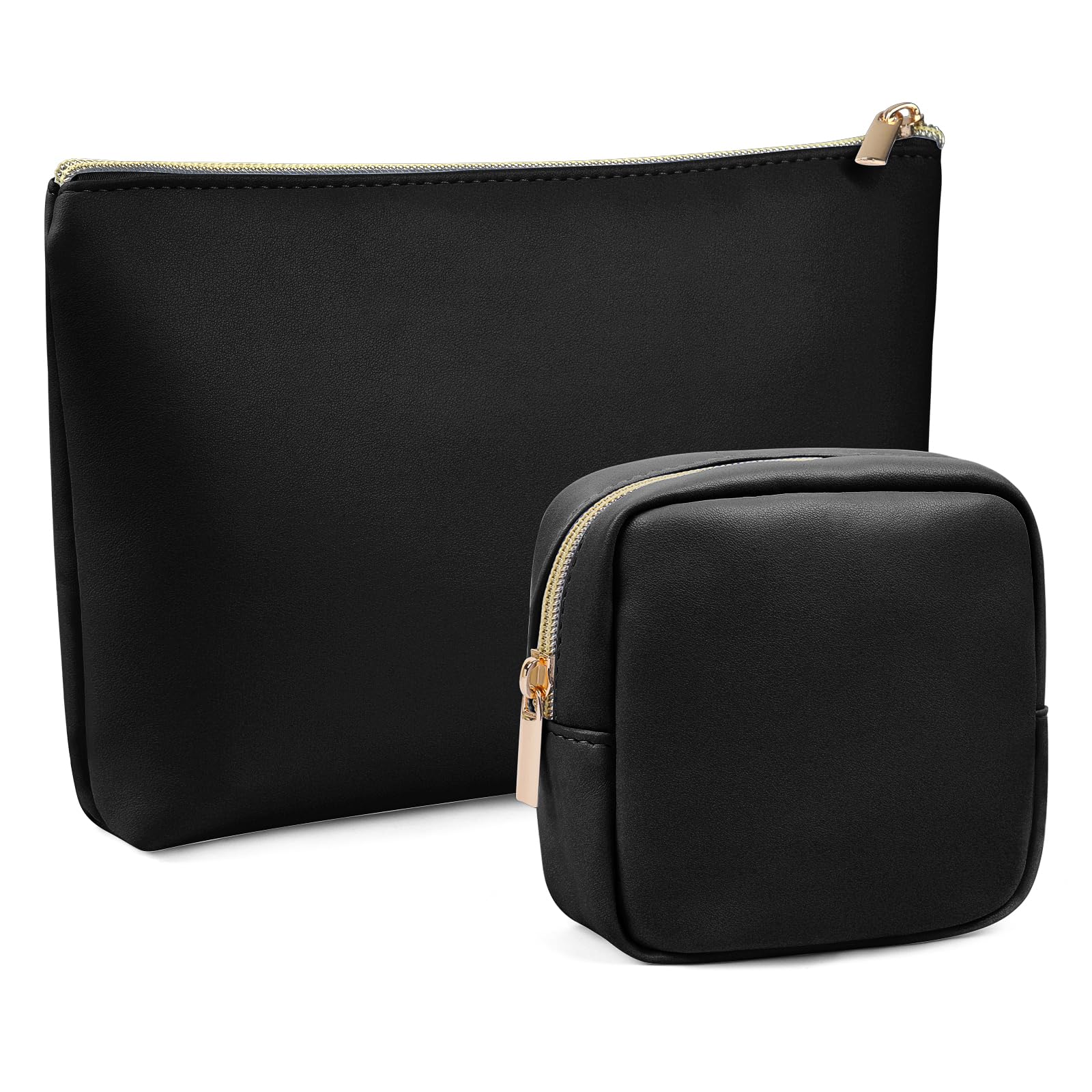 2 Pack Travel Makeup Bag - PU Leather Cosmetic Pouch, Small Portable Organizer for Purse, Toiletry & Makeup Essentials (Black) - Perfect for Travel, Gym & Daily Use