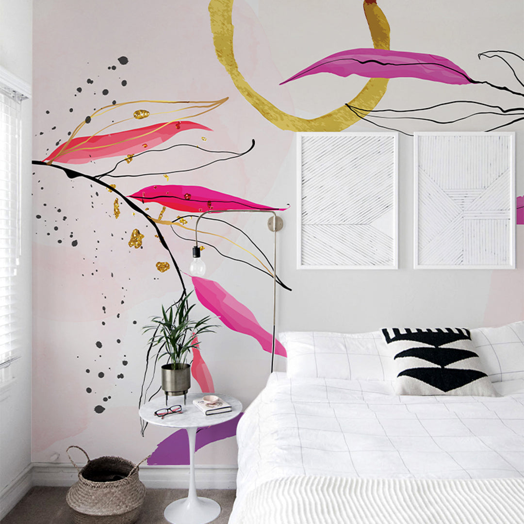 Pink Line Art Branches Wall Mural CCM100 - Modern Botanical Wall Decal for Living Room, Bedroom & Nursery Decor