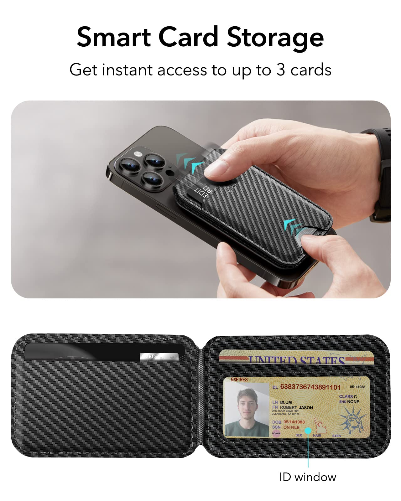 ESR MagSafe Wallet (HaloLock) - Magnetic Card Holder with Adjustable Stand for iPhone 16/15/14/13/12 Series (Not for iPhone 13/12 Mini) - 3 Card Slots, Vegan Leather & Carbon Fiber - Perfect for Daily Commute, Travel, and Hands-Free Viewing