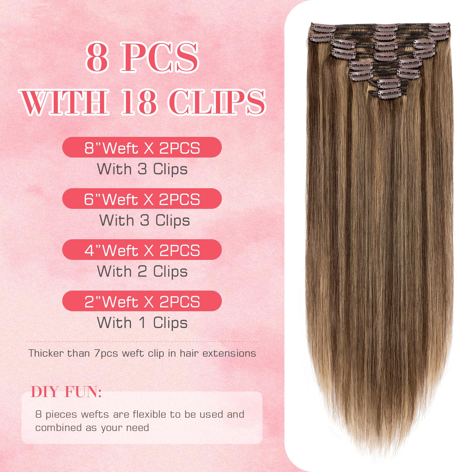 18 Inch Clip in Human Hair Extensions - 8pcs 140g Double Weft Real Human Hair in Medium Brown/Dark Blonde Balayage (#4P27) for Volume & Length - Perfect for Parties, Weddings & Daily Styling