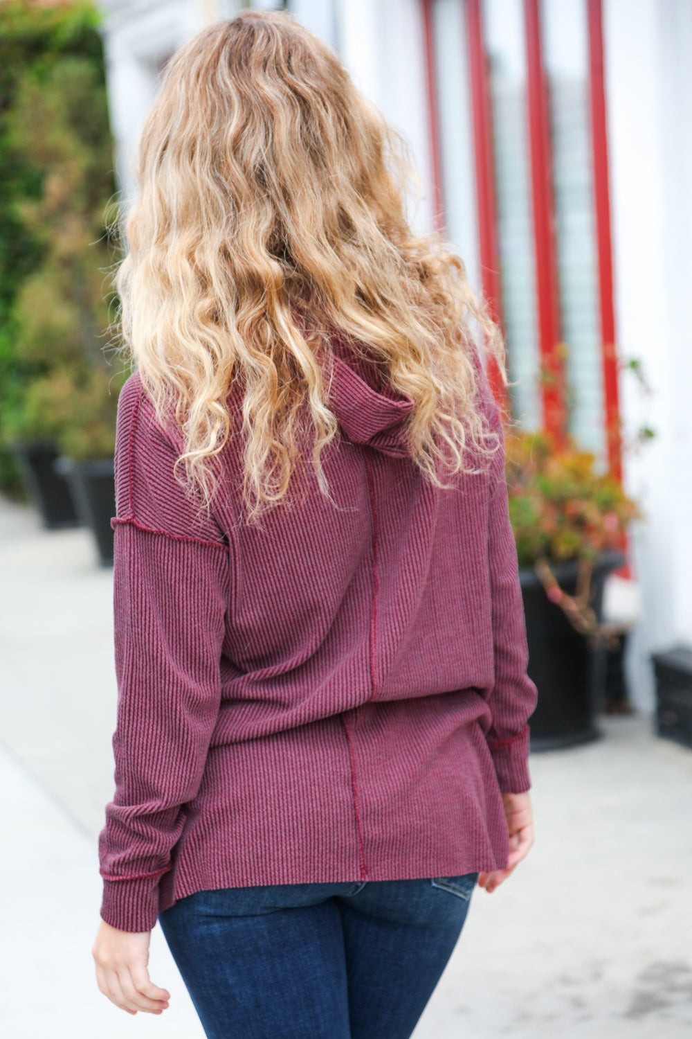Stylish Burgundy Mineral Wash Rib Knit Hoodie for Women | Soft Casual Pullover Sweatshirt | Perfect for Fall Layering, Coffee Dates & Weekend Errands