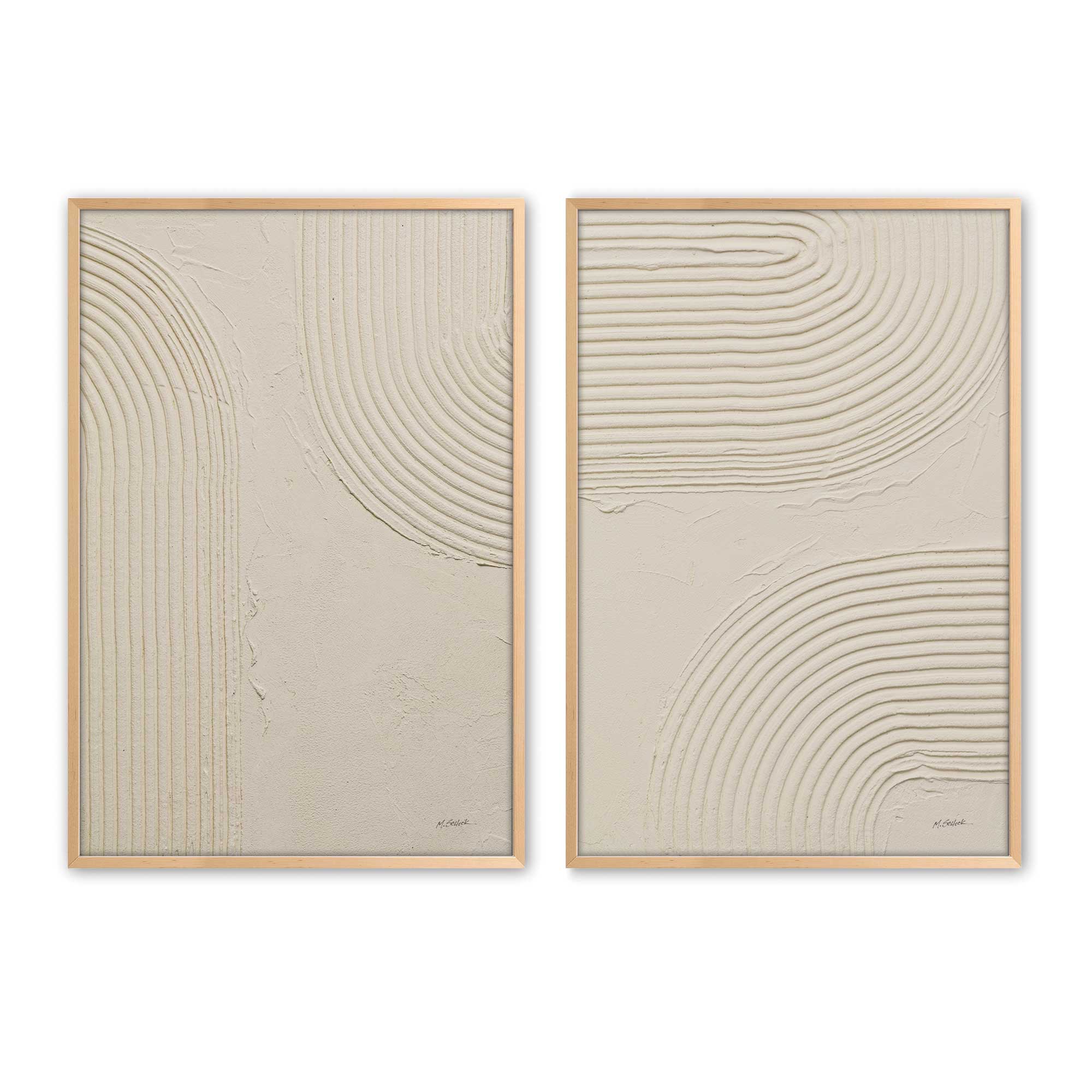 Beige Abstract Wall Art Set of 2 - Modern Echoed Curves Prints for Living Room & Bedroom Decor