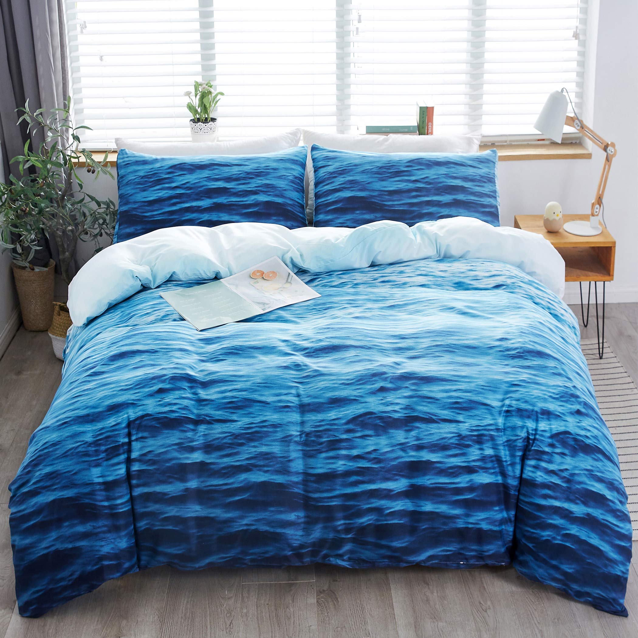 **LAMEJOR Twin Size Duvet Cover Set - 3D Ocean Waves Design, Luxury Hotel Quality Bedding, Soft & Breathable (1 Duvet Cover + 2 Pillowcases) - White to Blue Gradient | Perfect for Coastal, Beach, or Nautical Themed Bedrooms**