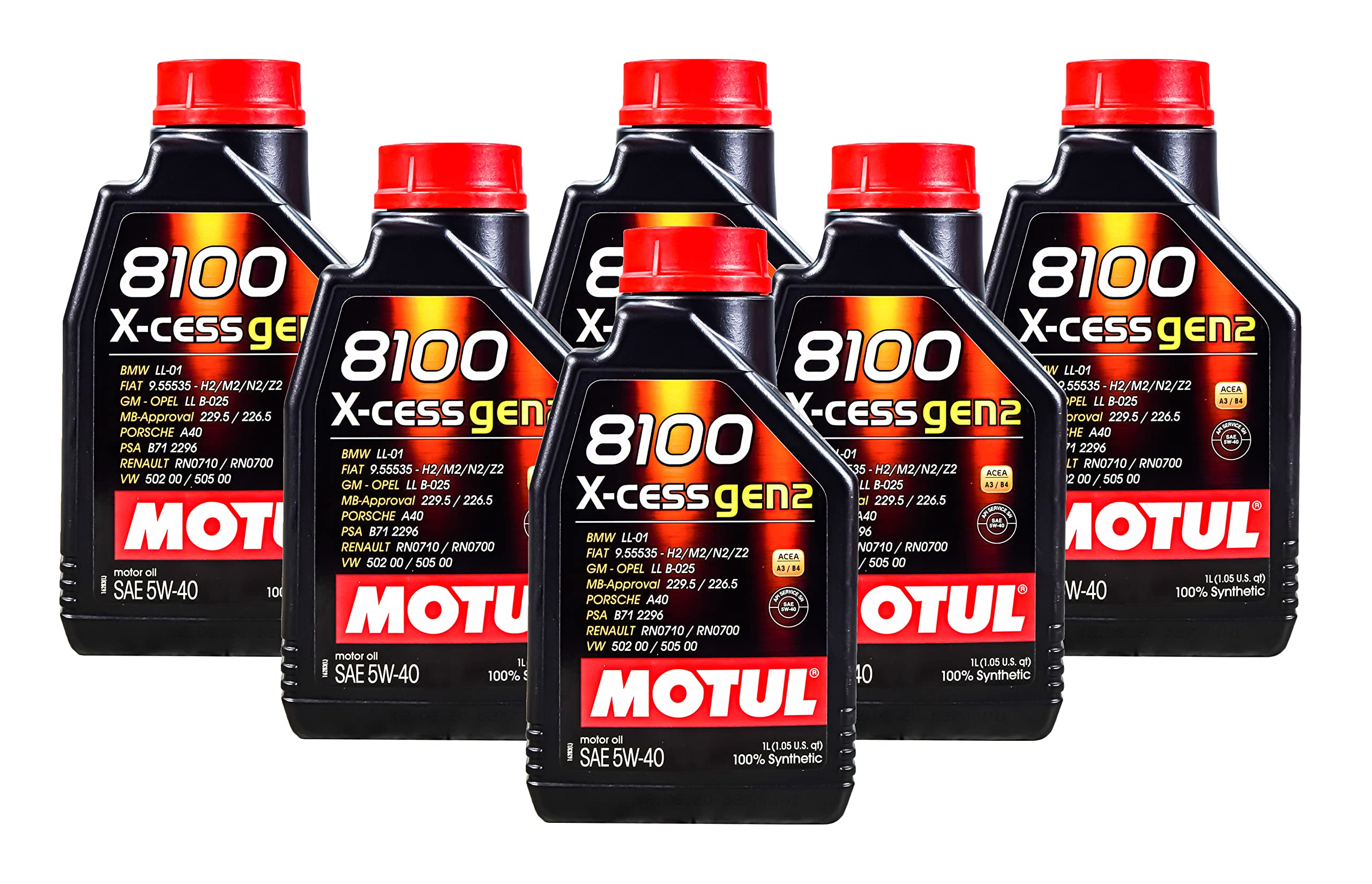 Motul 109774 8100 X-Cess Gen2 5W-40 Synthetic Motor Oil - 6 Pack (1 Liter Bottles) - Premium Engine Protection for High-Performance Cars, SUVs & Trucks - Ideal for Daily Driving, Racing & Extreme Conditions