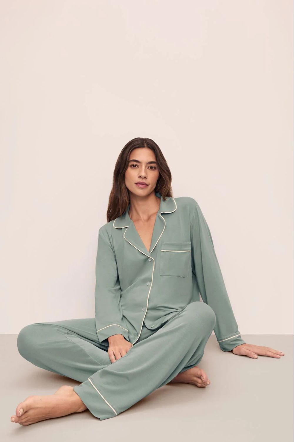 Gisele Long Pajama Set for Women - Soft Eucalyptus & Ivory Sleepwear - Cozy Nightwear for Relaxation & Lounging at Home