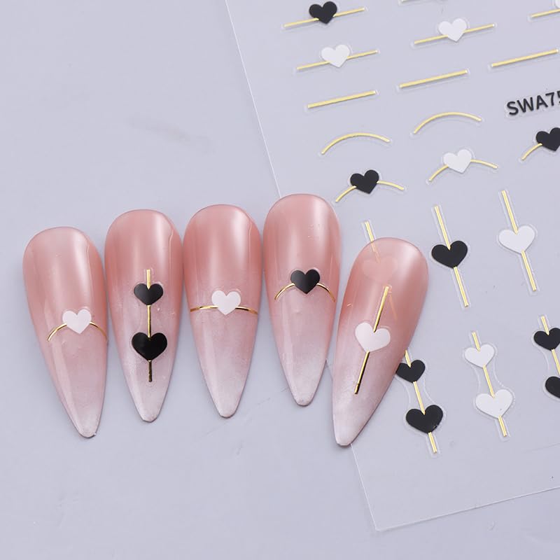 Valentine's Day Heart Nail Art Stickers - 6PCS Black White Red Heart French Tip Stripes Nail Decals for Women | Perfect for Valentine's Nail Designs, DIY Nail Art Decorations & Special Occasions