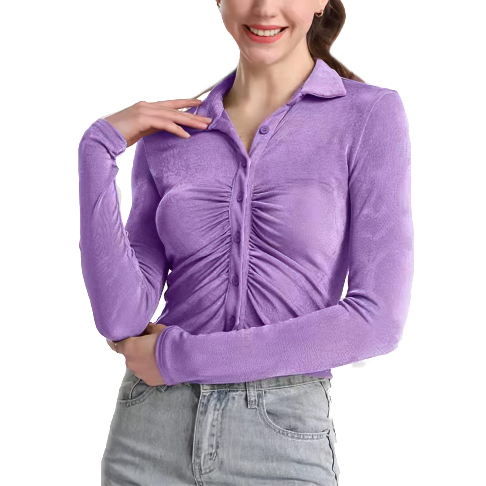 Xaspee Women's Ruched Button Down Collar Long Sleeve Slim Fit Crop Top Tee Shirt Blouse - Casual Office Wear & Layering Cardigan for Fall Fashion