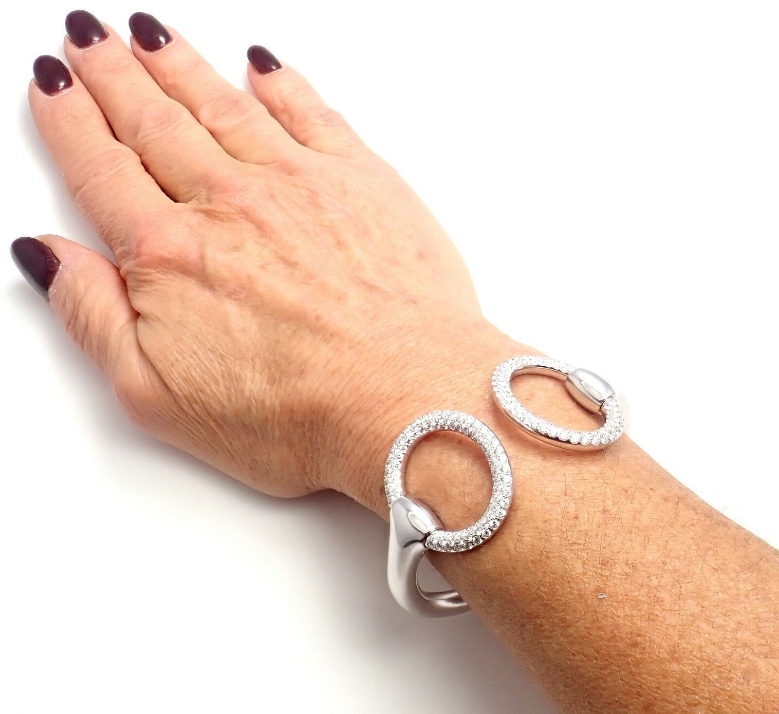 Authentic Hermes Nausicaa 18K White Gold Diamond Horsebit Cuff Bangle Bracelet - Luxury Jewelry for Women, Perfect for Weddings, Parties & Special Occasions