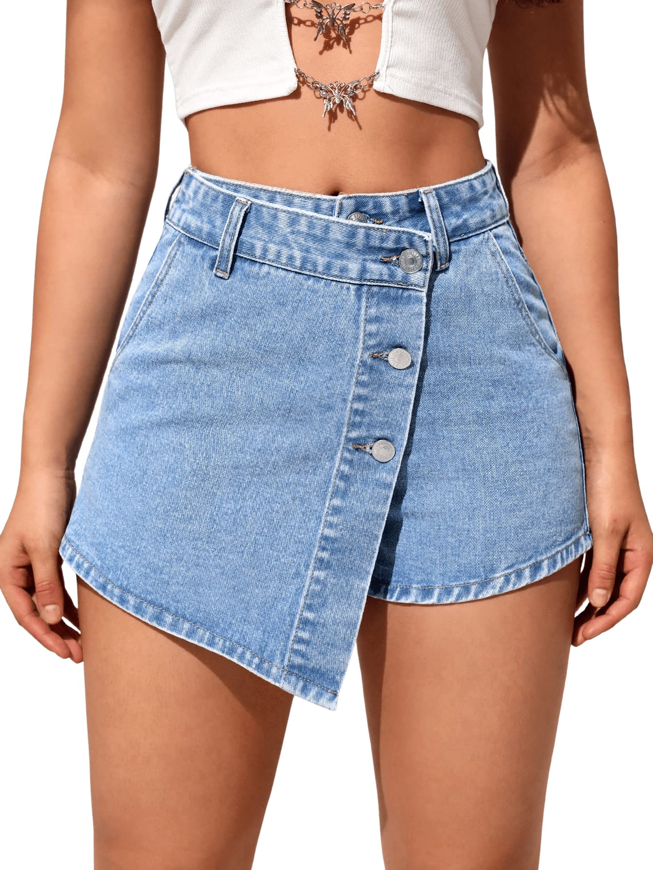 SweatyRocks Women's High Waisted Denim Shorts with Pockets - Button Front Wrap Skirt for Casual Outfits | Perfect for Summer, Beach, and Everyday Wear