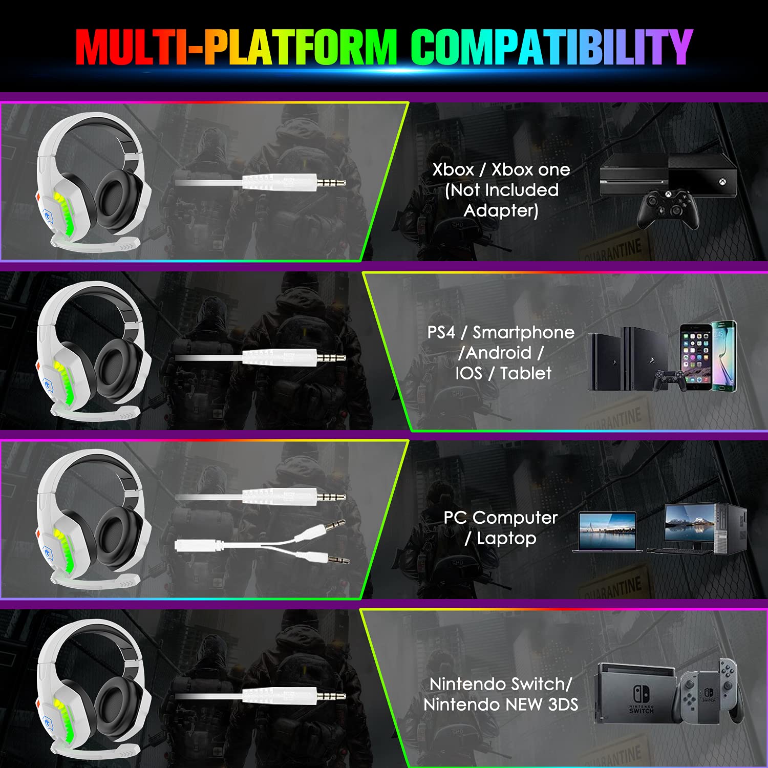 Best Wired Gaming Headset with Noise Cancelling Mic - Over Ear Headphones for PS5, PS4, Xbox One & PC - Rainbow LED Backlit, Bass Surround Sound, Soft Memory Foam Earmuffs - Perfect for Laptop, Mac Gaming & Streaming (White)